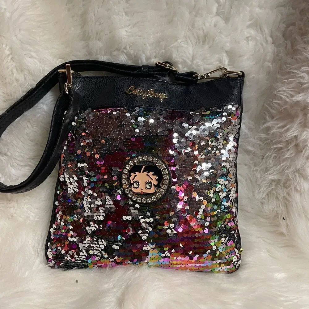 Betty Boop synthetic black crossbody bag with multi color sequins accents .